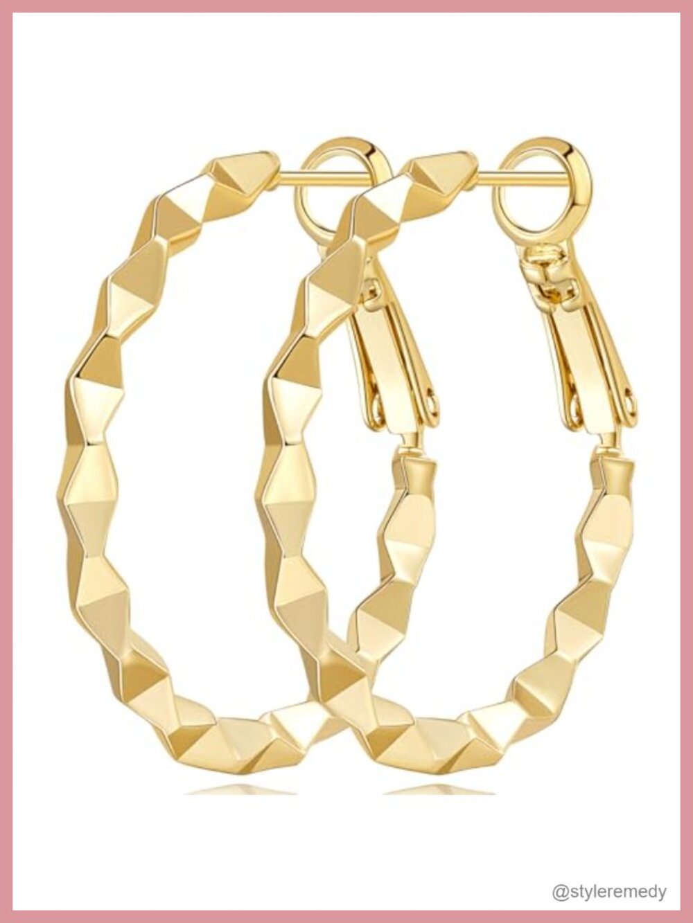 14k Gold Plated Hoop Earrings 3D Triangular Facets 30mm